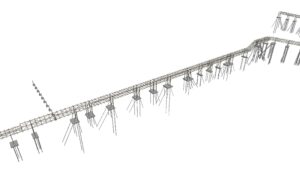 Eine 3D-Darstellung einer langen, erhöhten Struktur, die von mehreren abgewinkelten Balken getragen wird und an ein Gerüst oder eine im Bau befindliche Brücke erinnert. Das Gerüst erstreckt sich diagonal über einen weißen Hintergrund.